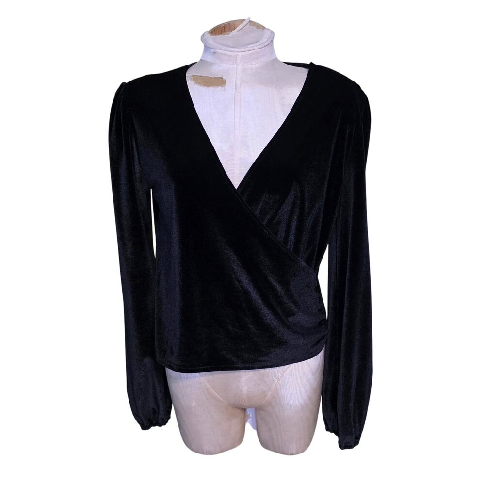 Vintage Arizona Women Faux Wrap Top Black Velvet Stretch Long‎ Sleeve Size L